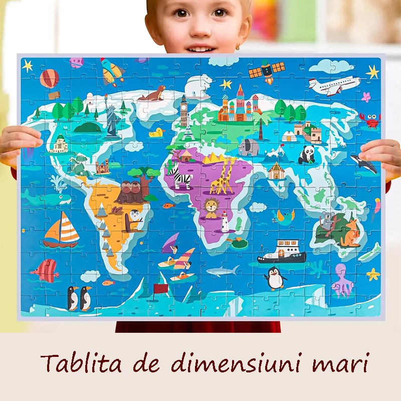 Puzzle magnetic harta lumii cu animale, 168 piese, tablita cu snur agatare pe perete, multicolor, 41x55 cm