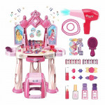 Masuta de machiaj pentru fetite, scaunel si oglinda, diverse accesorii, lumini, muzica, autocolante cu printese, sertar, roz