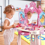 Masuta de machiaj pentru fetite, scaunel si oglinda, diverse accesorii, lumini, muzica, autocolante cu printese, sertar, roz