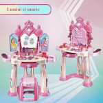 Masuta de machiaj pentru fetite, scaunel si oglinda, diverse accesorii, lumini, muzica, autocolante cu printese, sertar, roz