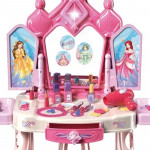 Masuta de machiaj pentru fetite, scaunel si oglinda, diverse accesorii, lumini, muzica, autocolante cu printese, sertar, roz