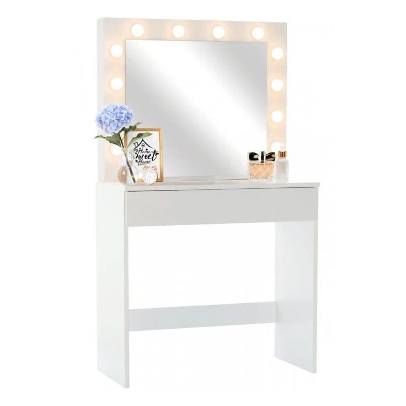 Masa de toaleta, oglinda iluminata cu 12 led-uri alb cald, 80x40x140 cm, mdf, alb