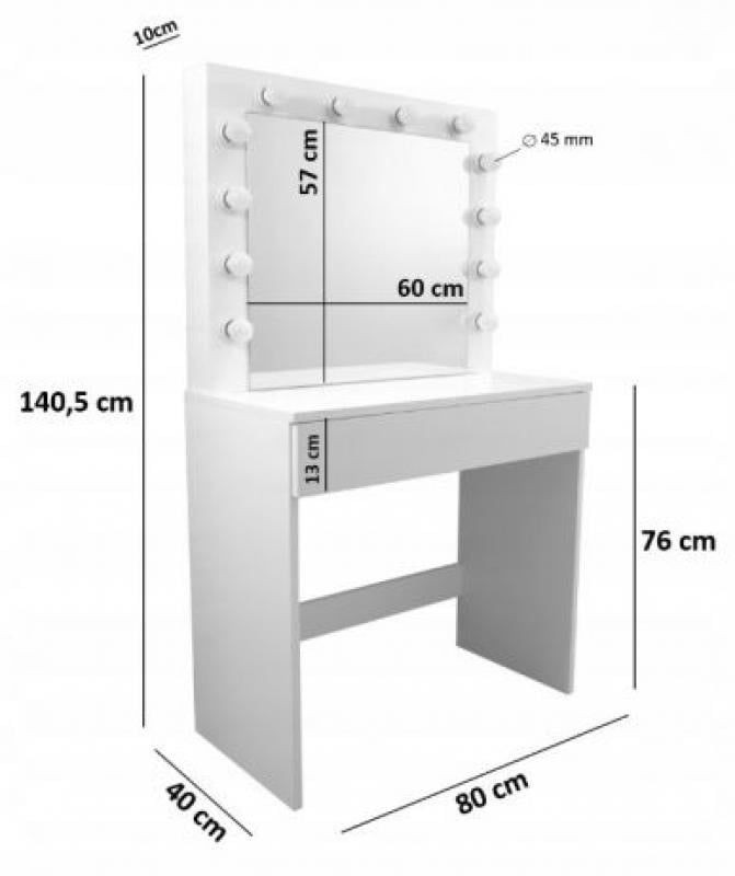 Masa de toaleta, oglinda iluminata cu 12 led-uri alb cald, 80x40x140 cm, mdf, alb