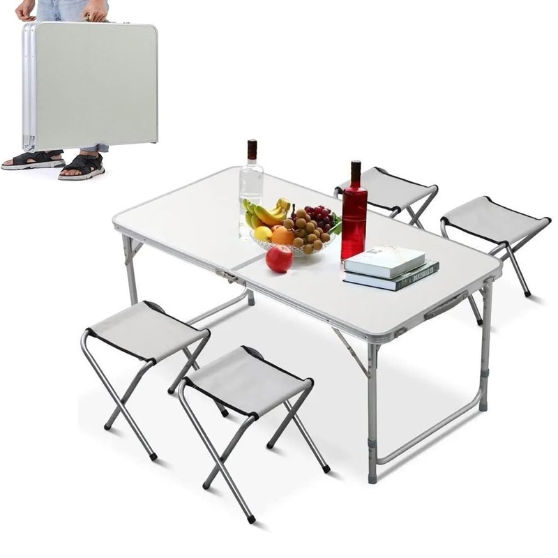 Set masa cu 4 scaune pentru camping, inaltime masa reglabila, 120x60x70/62/55 cm, aluminiu