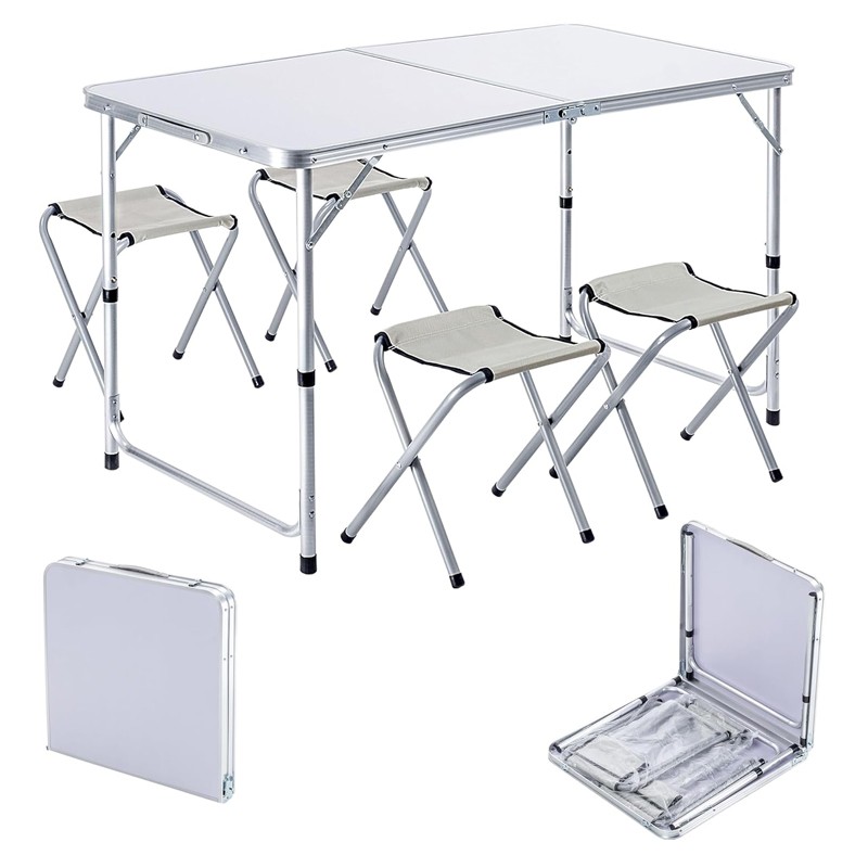 Set masa cu 4 scaune pentru camping, inaltime masa reglabila, 120x60x70/62/55 cm, aluminiu