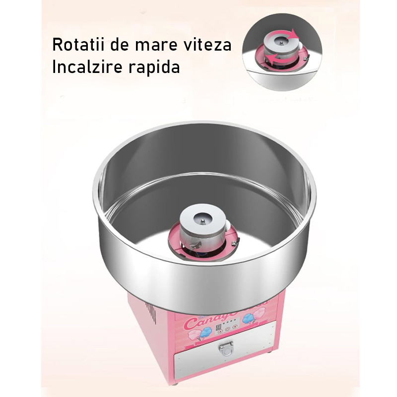 Masina pentru vata de zahar, 1000w, afisaj led, 32x32x52 cm, diametru vas 50 cm, otel inoxidabil, roz