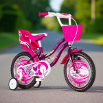 Bicicleta 12 inch, roti ajutatoare, cos fata, scaun papusi, cadru otel 7 inch, mov/alb, visitor little heart