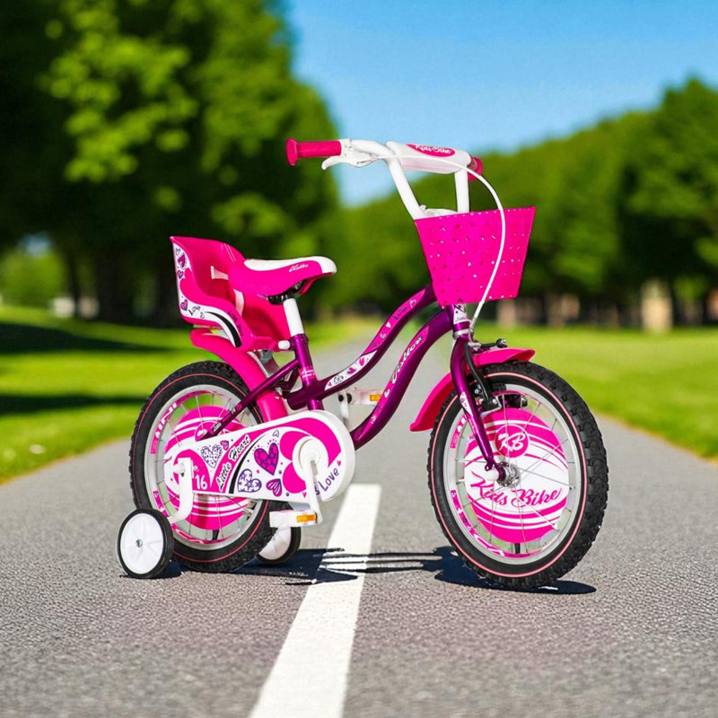 Bicicleta 12 inch, roti ajutatoare, cos fata, scaun papusi, cadru otel 7 inch, mov/alb, visitor little heart