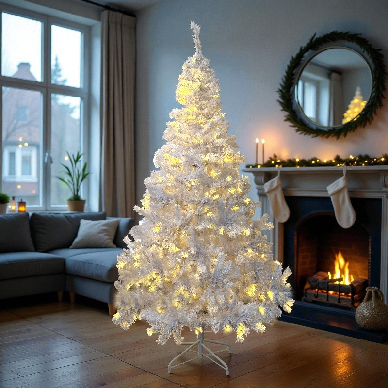 Brad alb artificial iluminat, 195 cm, 360 led-uri alb cald, 936 ramuri dense, suport metalic