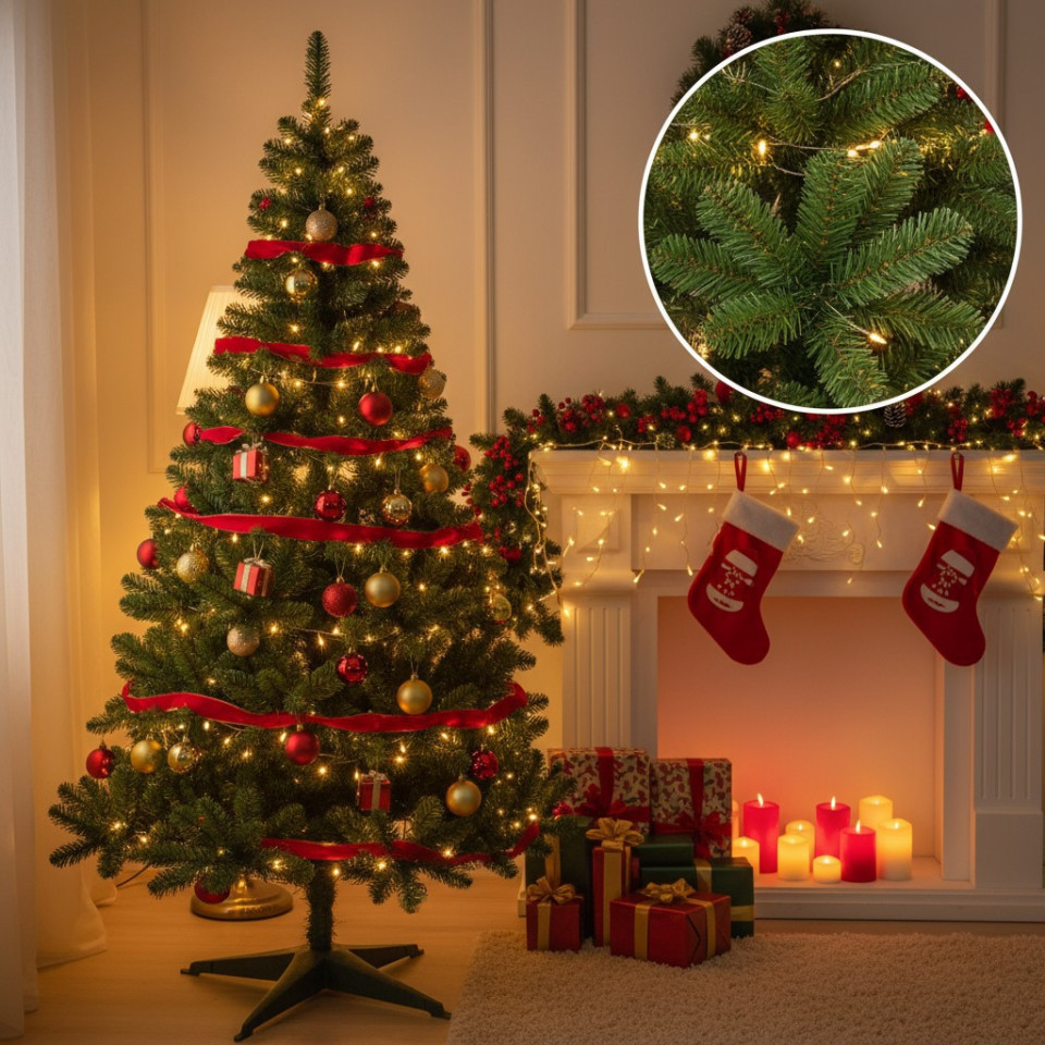 Brad artificial 220 cm cu 14 niveluri – diametru 138 cm, 89 ramuri robuste – model premium natural
