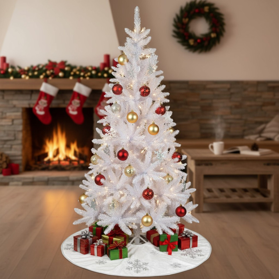 Brad artificial white pin 150 cm, 9 niveluri, 54 ramuri, 220 ace, suport stabil, alb