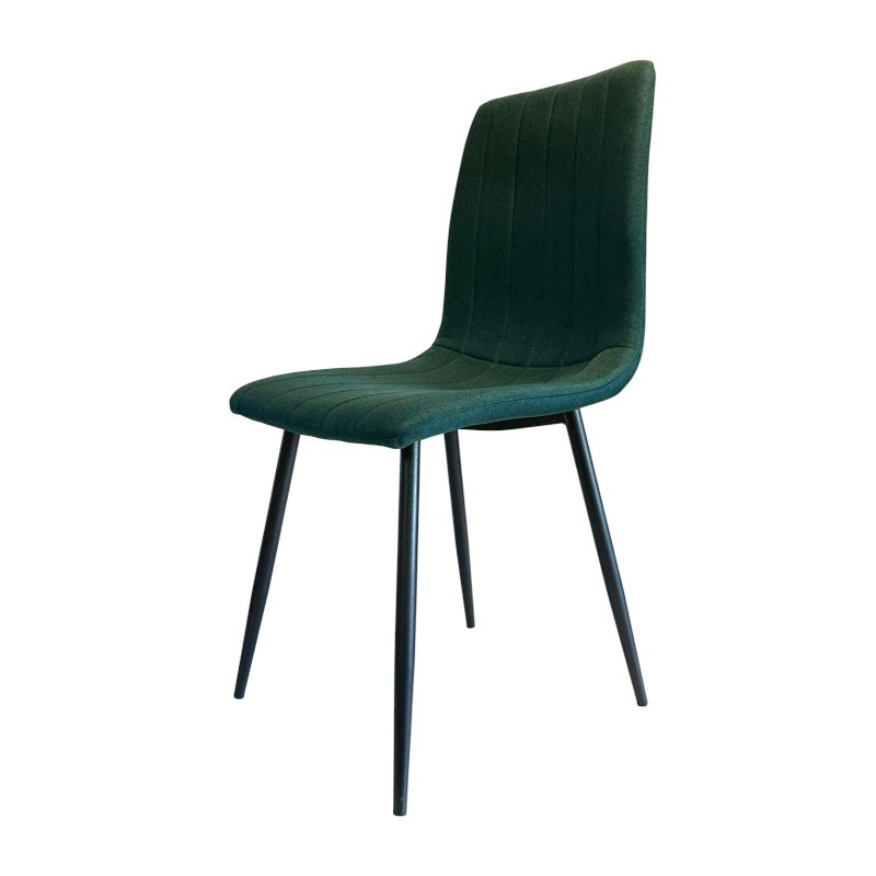 Scaun dining, tapiterie stofa, inaltime totala 91 cm, latime 43 cm, picioare metalice negre, stil elegant, verde