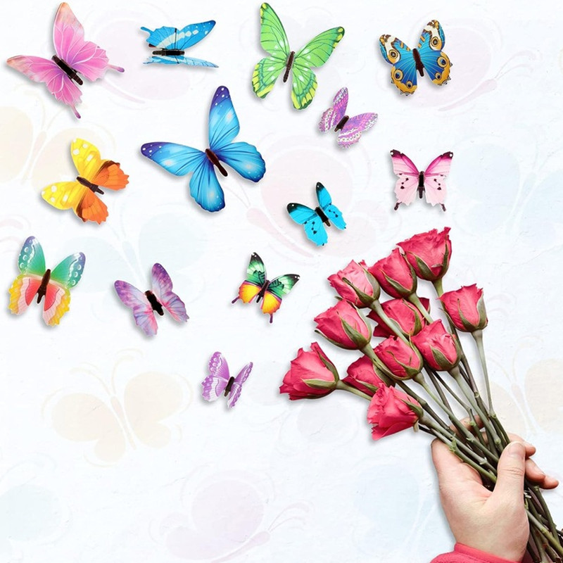 Set 12 fluturi decorativi 3d, fosforescenti, autoadezivi, 6-12 cm, multicolori