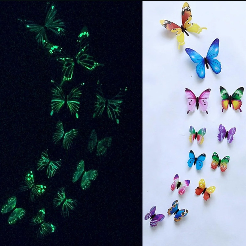 Set 12 fluturi decorativi 3d, fosforescenti, autoadezivi, 6-12 cm, multicolori