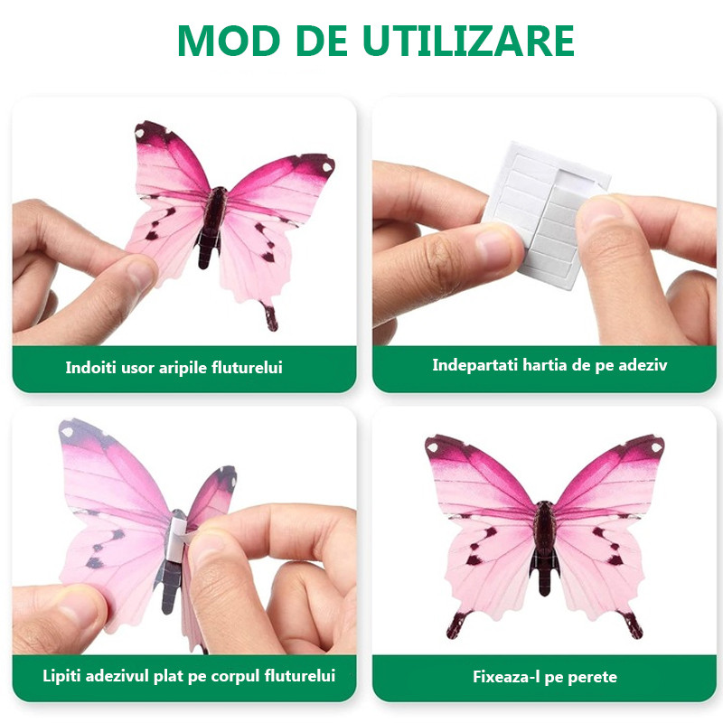 Set 12 fluturi decorativi 3d, fosforescenti, autoadezivi, 6-12 cm, multicolori