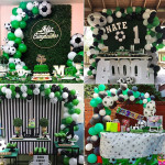 Kit aranjament baloane petrecere, tematica fotbal, 90 bucati, accesorii prindere, alb, negru, verde