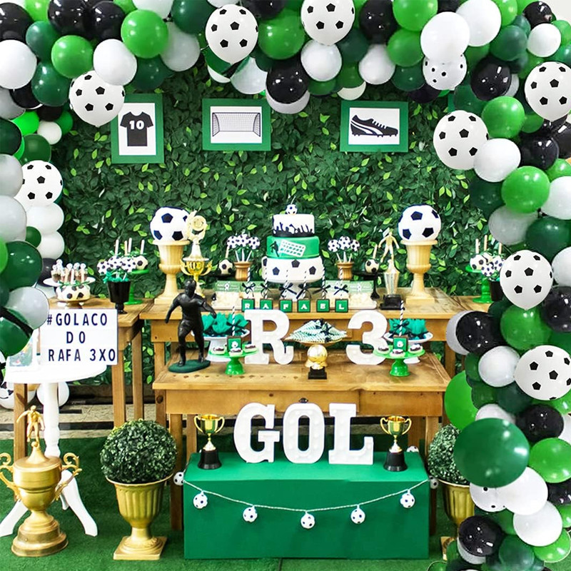 Kit aranjament baloane petrecere, tematica fotbal, 90 bucati, accesorii prindere, alb, negru, verde