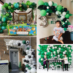 Kit aranjament baloane petrecere, tematica fotbal, 90 bucati, accesorii prindere, alb, negru, verde