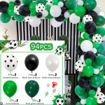 Kit aranjament baloane petrecere, tematica fotbal, 90 bucati, accesorii prindere, alb, negru, verde