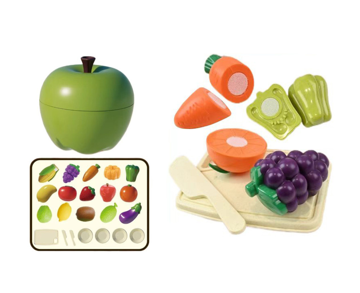 Joc taiat legume si fructe, 23 piese, fixare cu velcro, cutit, tocator, farfurii
