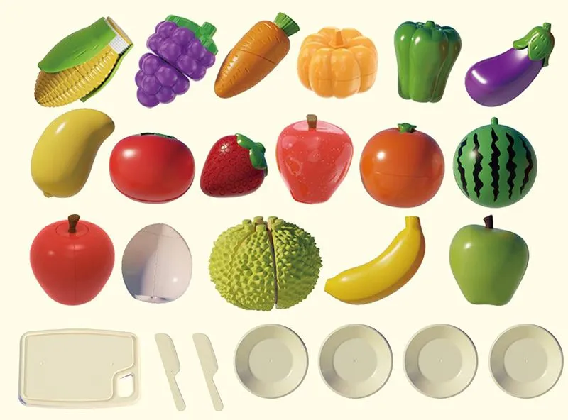 Joc taiat legume si fructe, 23 piese, fixare cu velcro, cutit, tocator, farfurii