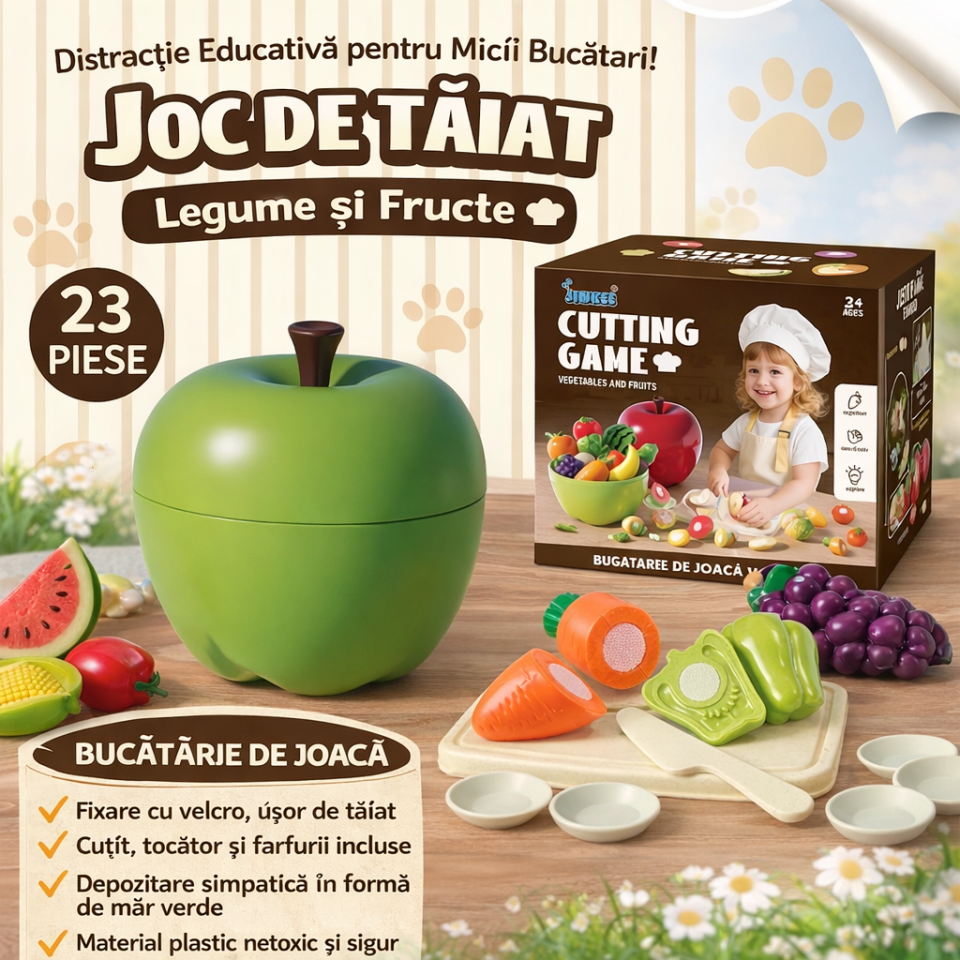 Joc taiat legume si fructe, 23 piese, fixare cu velcro, cutit, tocator, farfurii