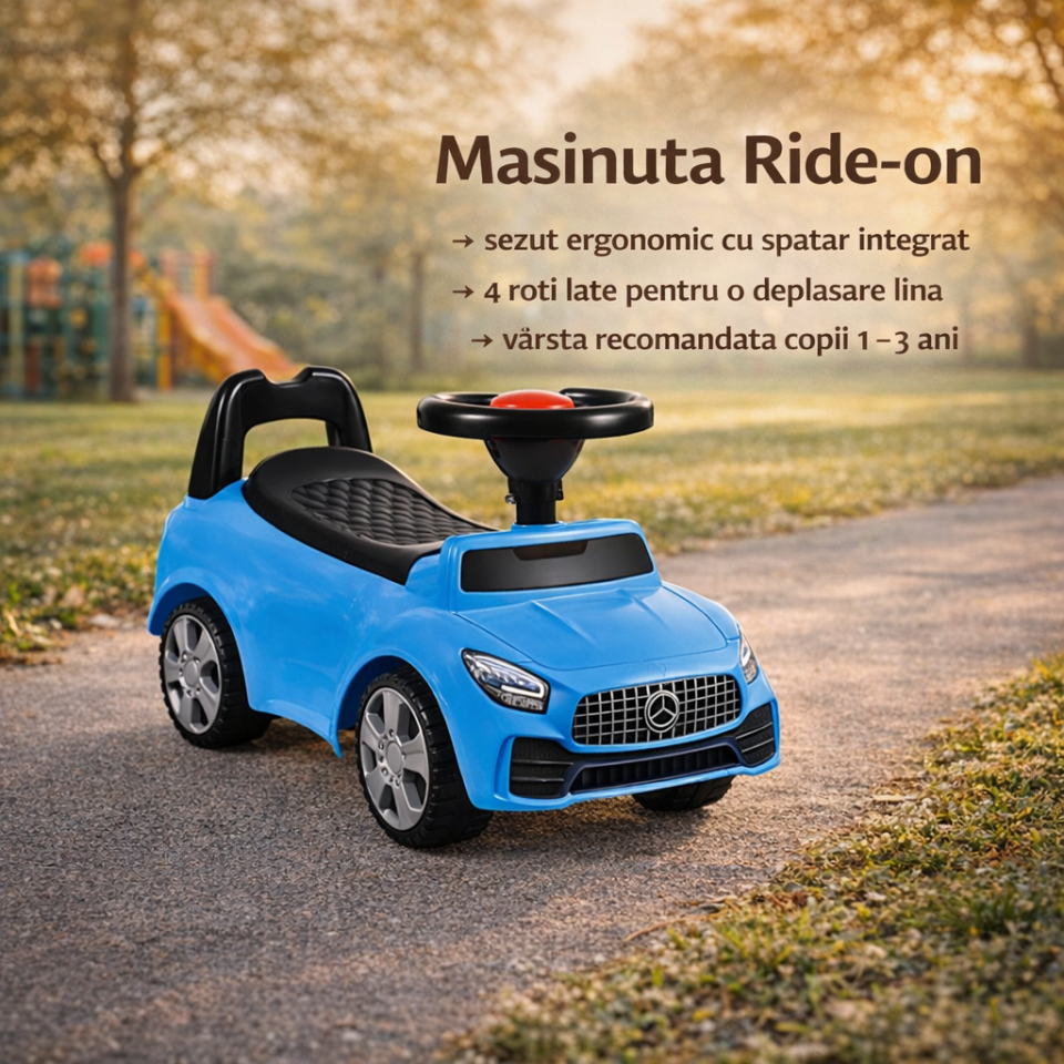 Masinuta ride-on albastra, sezut cu spatar integrat, 66x29x36 cm