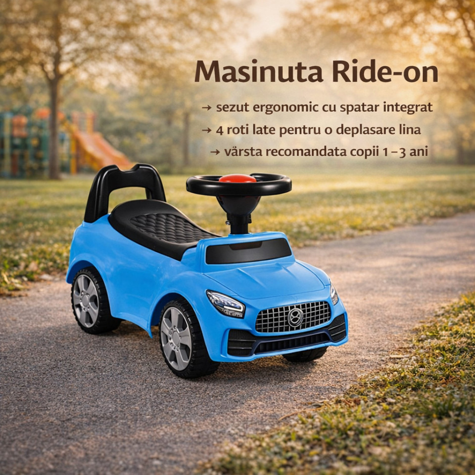 Masinuta ride-on albastra, sezut cu spatar integrat, 66x29x36 cm