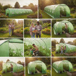 Sera solar tip tunel, 10x3x2 m, ferestre cu plasa anti-insecte, 1 usa rulanta, folie pe cu filtru uv4, verde