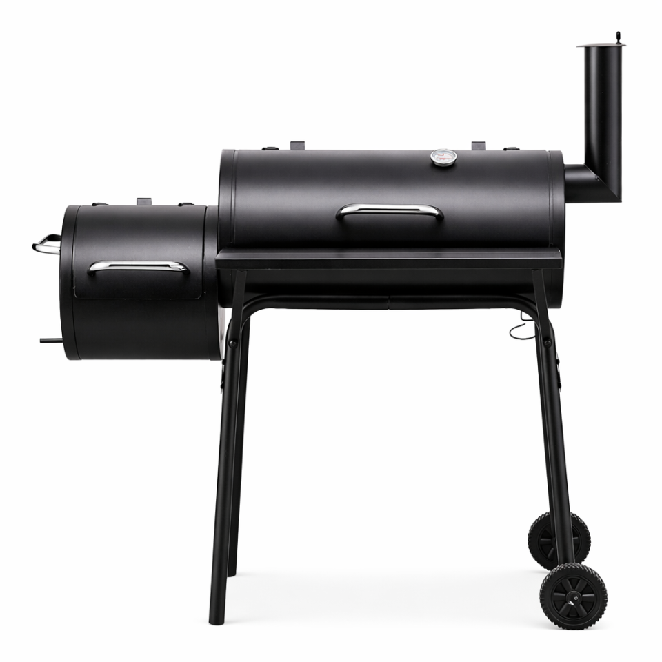 Gratar bbq pentru carbuni, 2 compartimente, grill si afumatoare, raft, horn, roti transport, termometru