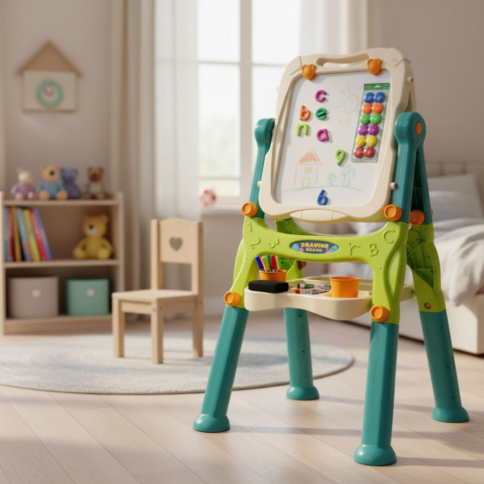 Tabla magnetica si de scris cu 2 fete, 40x50 cm, inaltime reglabila 83-110 cm, 30 accesorii incluse
