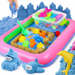 Nisip kinetic albastru, set 3 kg, 6 forme de modelat, cutie gonflabila 45x58 cm