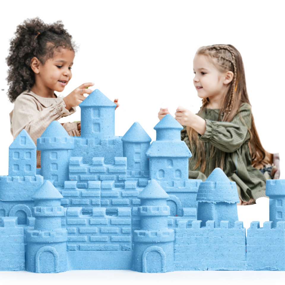 Nisip kinetic albastru, set 3 kg, 6 forme de modelat, cutie gonflabila 45x58 cm