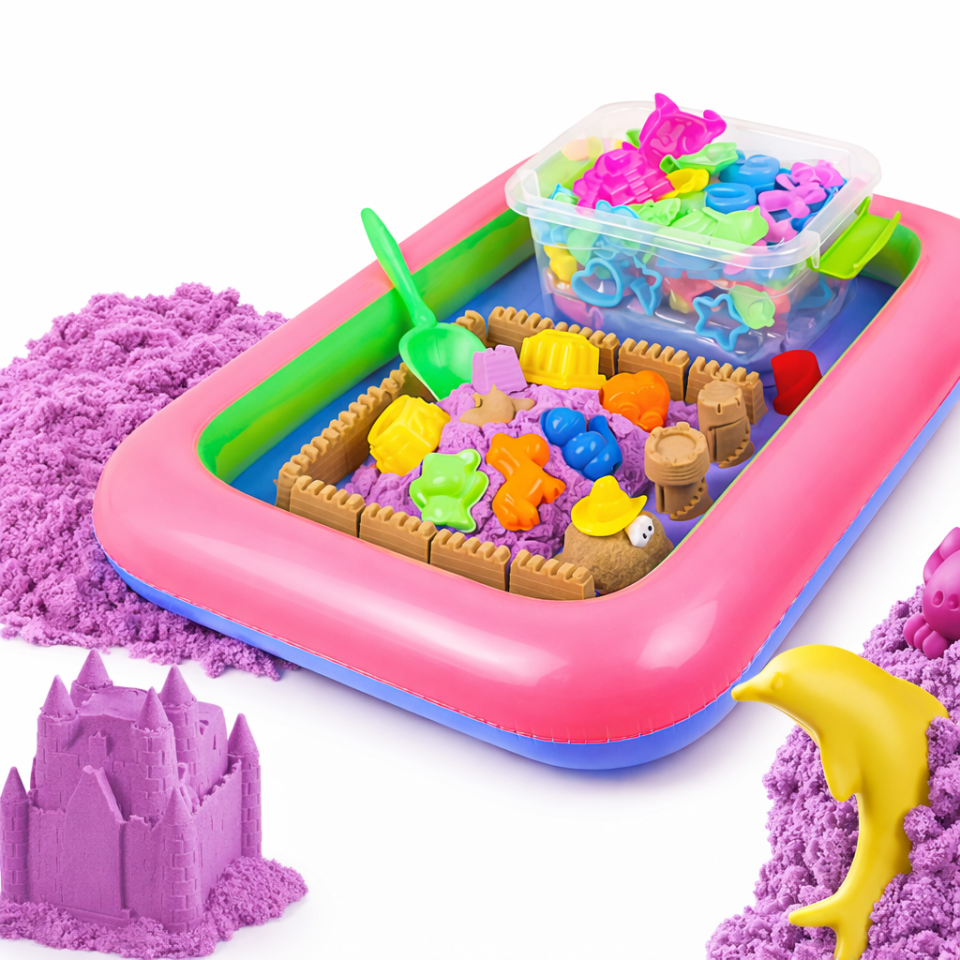 Nisip kinetic roz, 6 forme diverse, cutie gonflabila 45x58 cm, 3 kg