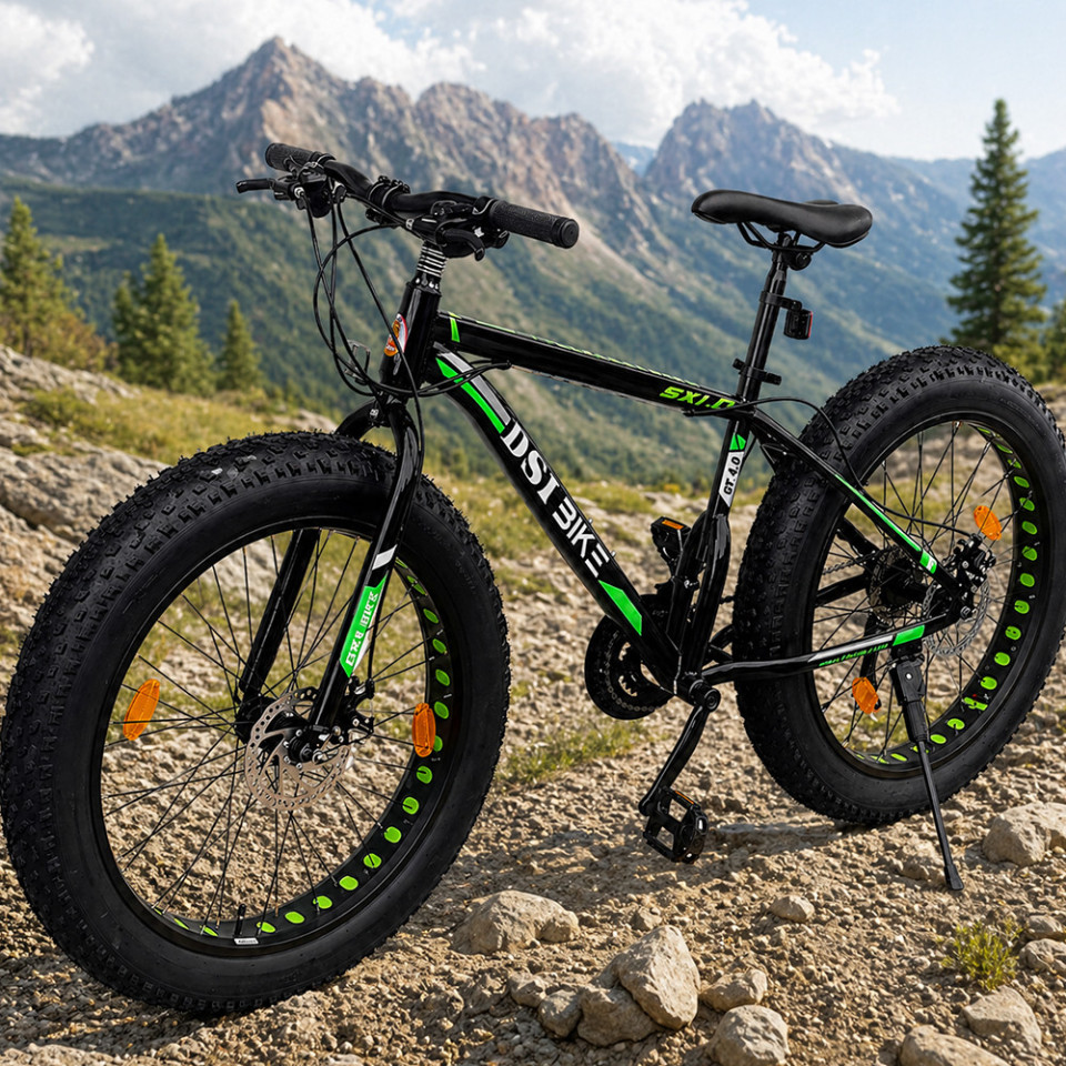 Bicicleta fat bike, roti 26 inch, cadru 17 inch, schimbator shimano, 21 viteze, frane pe disc, negru/verde