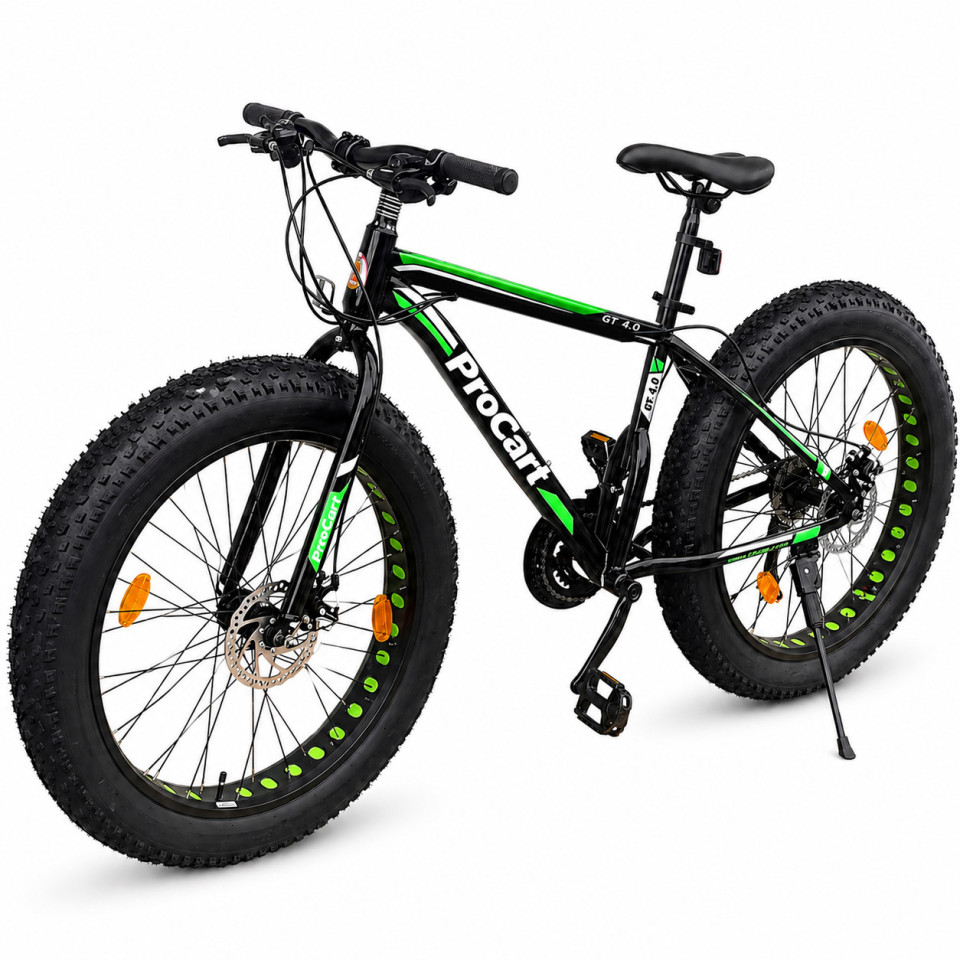 Bicicleta fat bike, roti 26 inch, cadru 17 inch, schimbator shimano, 21 viteze, frane pe disc, negru/verde