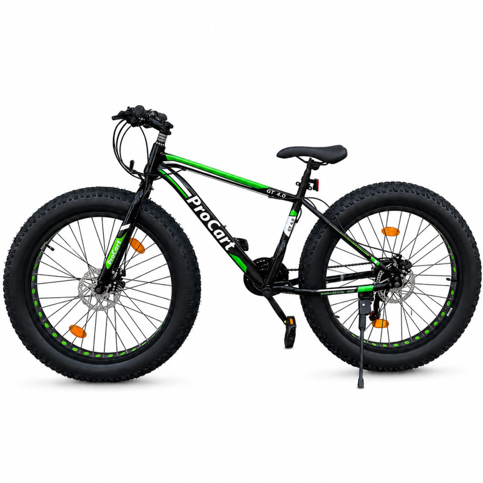 Bicicleta fat bike, roti 26 inch, cadru 17 inch, schimbator shimano, 21 viteze, frane pe disc, negru/verde