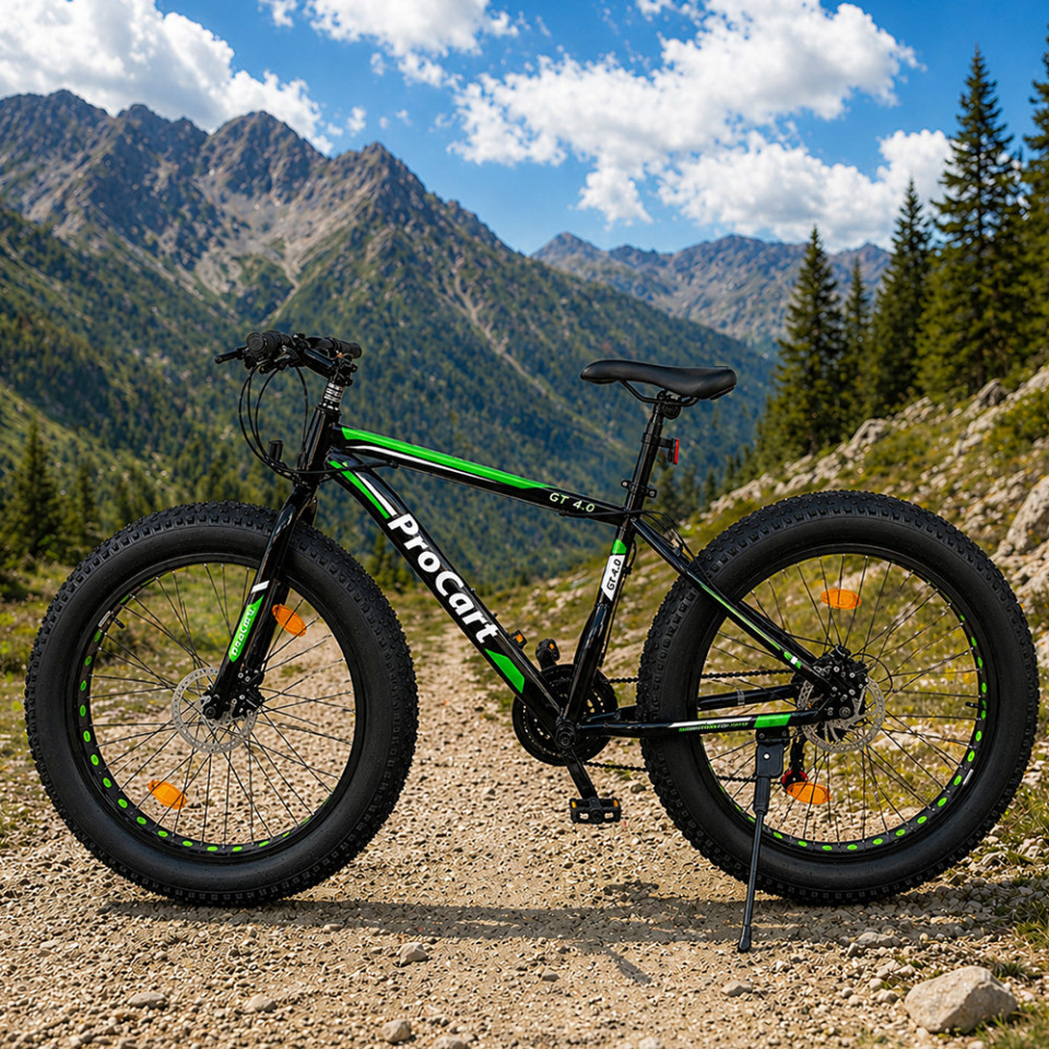 Bicicleta fat bike, roti 26 inch, cadru 17 inch, schimbator shimano, 21 viteze, frane pe disc, negru/verde