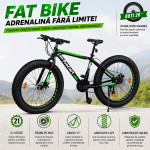 Bicicleta fat bike, roti 26 inch, cadru 17 inch, schimbator shimano, 21 viteze, frane pe disc, negru/verde