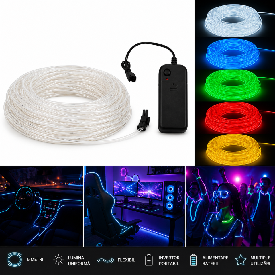 Kit fir el wire 5 metri, invertor portabil cu baterii, pentru party, gaming si tuning auto culoare galben