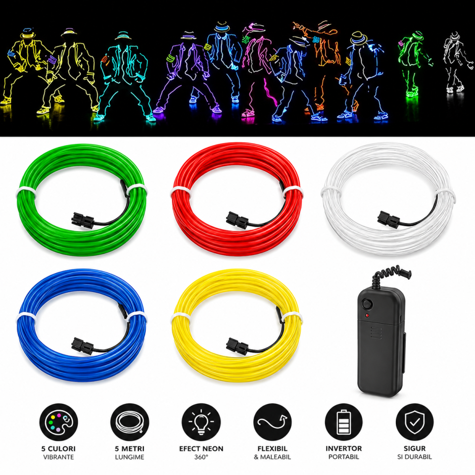 Kit fir el wire 5 metri, invertor portabil cu baterii, pentru party, gaming si tuning auto culoare galben
