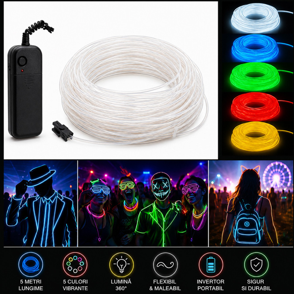 Kit fir el wire 5 metri, invertor portabil cu baterii, pentru party, gaming si tuning auto culoare galben
