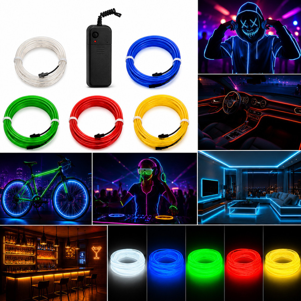 Kit fir el wire 5 metri, invertor portabil cu baterii, pentru party, gaming si tuning auto culoare galben