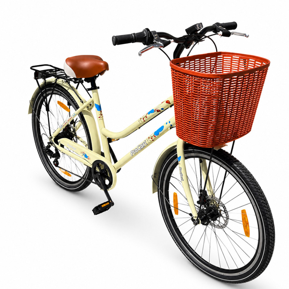 Bicicleta dama 26 inch, schimbator shimano 7 viteze, frane pe disc, cos cumparaturi, portbagaj