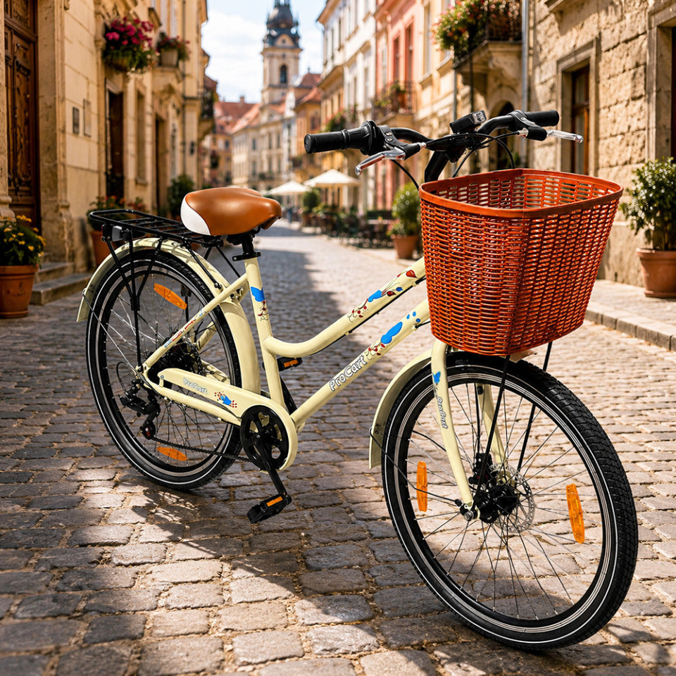 Bicicleta dama 26 inch, schimbator shimano 7 viteze, frane pe disc, cos cumparaturi, portbagaj