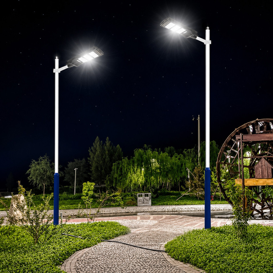 Lampa solara stradala 100w, senzor miscare, lumina alb rece 6500k, 3 moduri iluminare, telecomanda, aluminiu