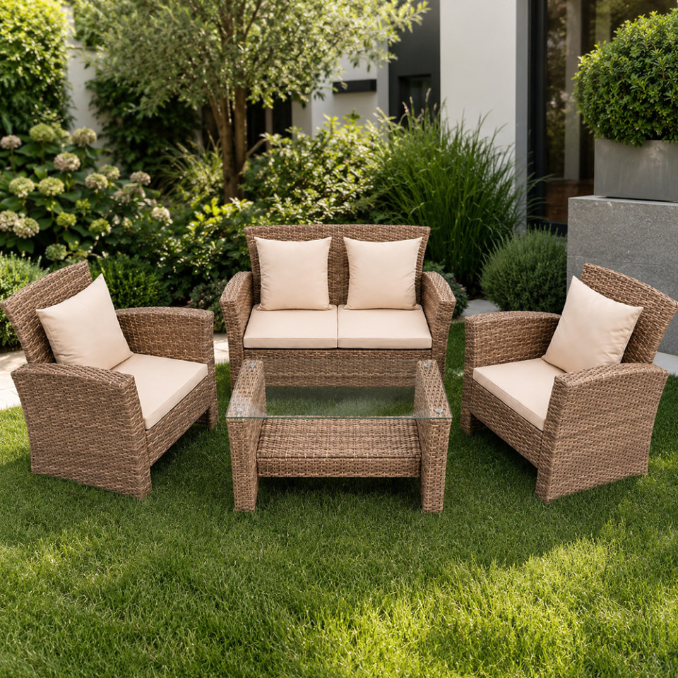 Set mobilier gradina santorini, 4 piese, fotolii, canapea, masuta de cafea, poliratan bej