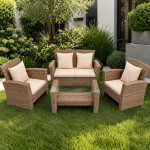 Set mobilier gradina santorini, 4 piese, fotolii, canapea, masuta de cafea, poliratan bej