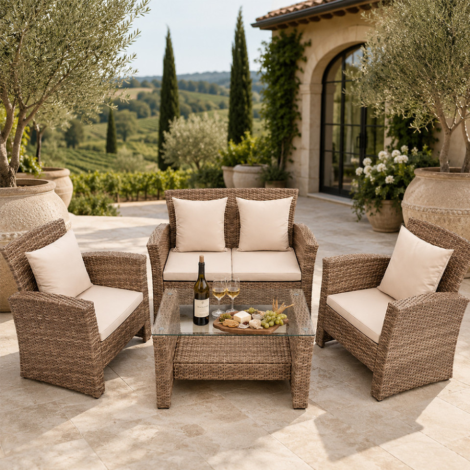 Set mobilier gradina santorini, 4 piese, fotolii, canapea, masuta de cafea, poliratan bej