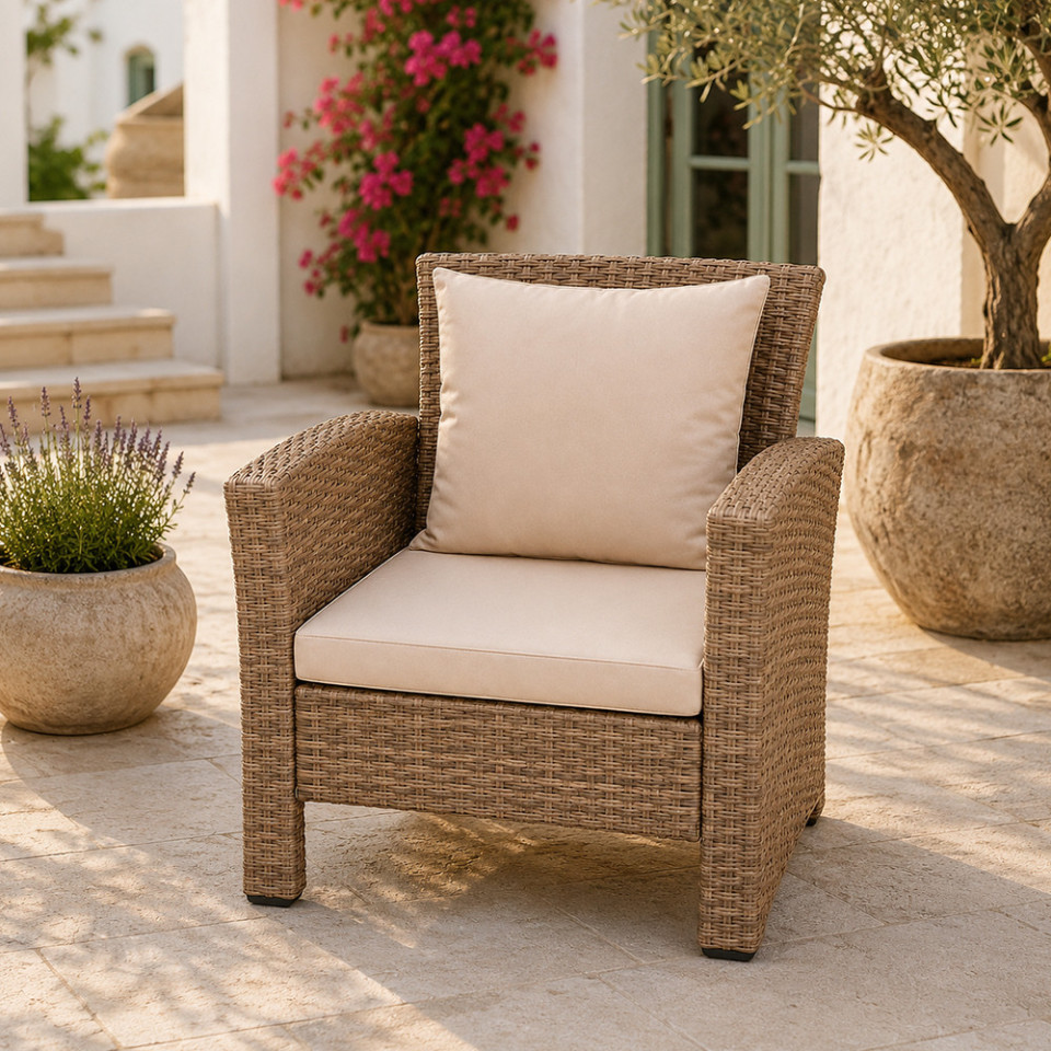 Set mobilier gradina santorini, 4 piese, fotolii, canapea, masuta de cafea, poliratan bej